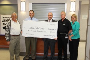 LCCF’s Armand Peterson, vice president and Kyle Marcolla, board member, with Hedrick Medical Cetner’s Matt Wenzel, CEO; Bob Moore, manger of Radiology; and Lisa Hecker, director of HR