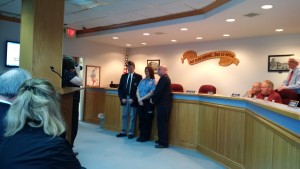 Lieutenant Tracy Bradley, flanked by Larry Warren of the American Legion on the left and Chief Darrell Wright on the right, was honored with the recognition of being the Missouri State Firefighter of the Year at Monday evening's meeting.