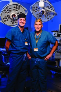 James Stannard, MD, and Jimi Cook, DVM, PhD, orthopaedic joint researchers photographed in the operating room at Missouri Orthopaedic Institute